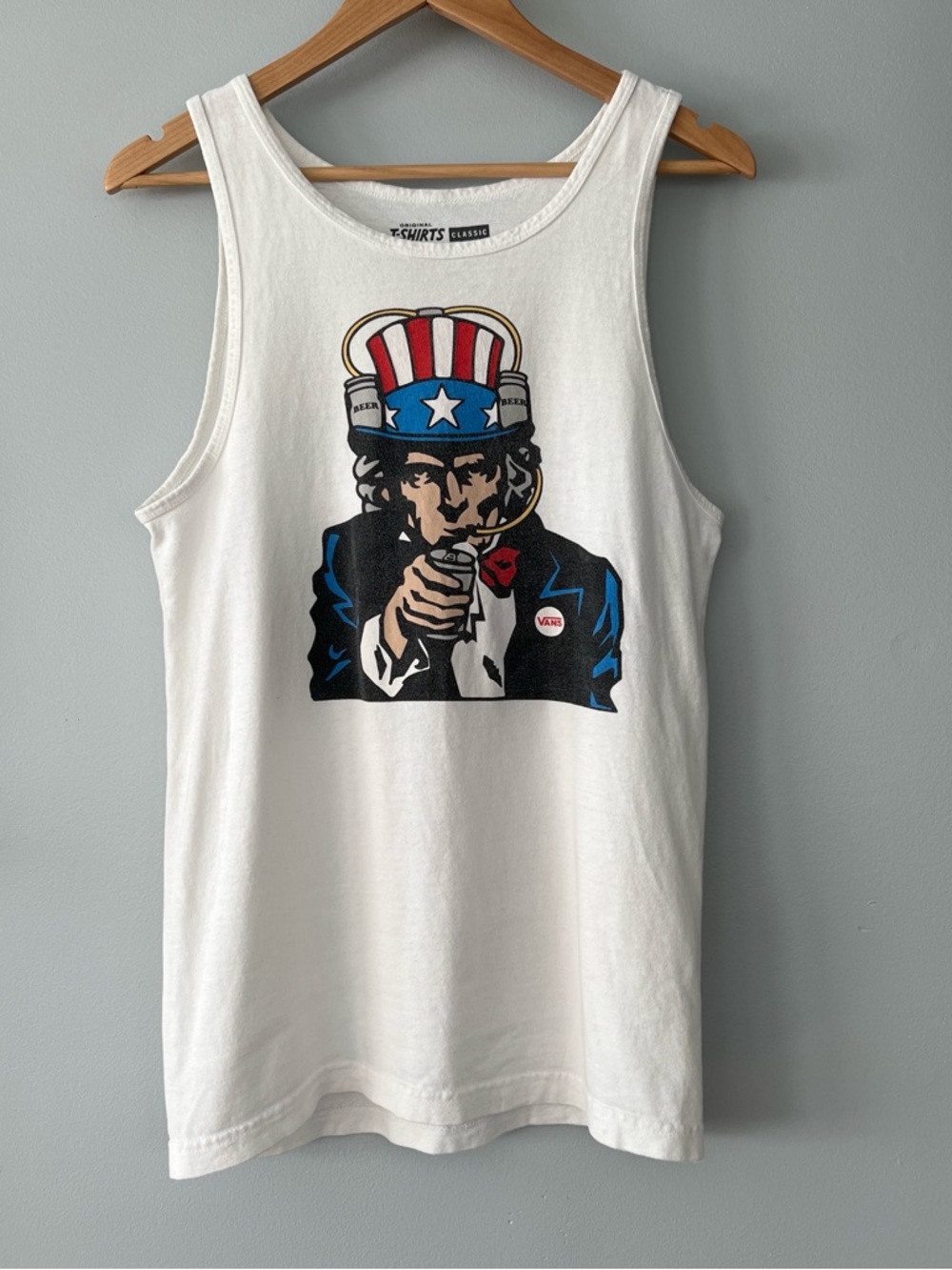 Vans White Tank Top with Uncle Sam Beer Graphic Skater 4th Of July